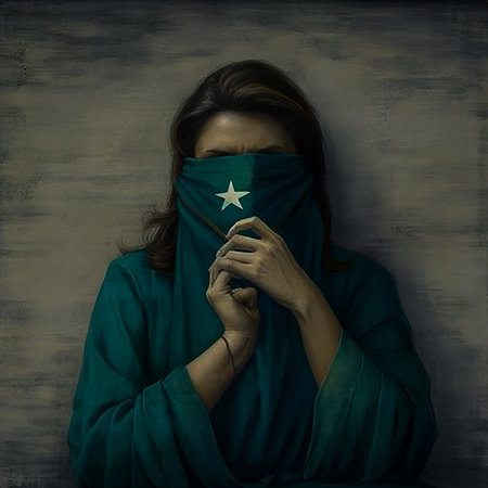 Portrait of woman covered with flag of the country of Pakistan.の素材