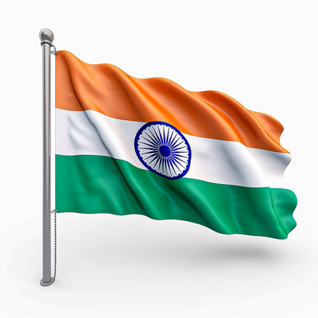 Indian flag waving in the wind isolated on white background. 3D Renderingの素材