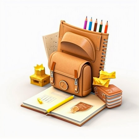 school bag with books and pencils on a white background. 3d renderingの素材