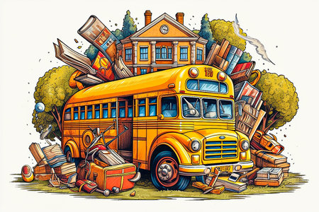 School bus with books and other supplies. Hand drawn vector illustration.の素材