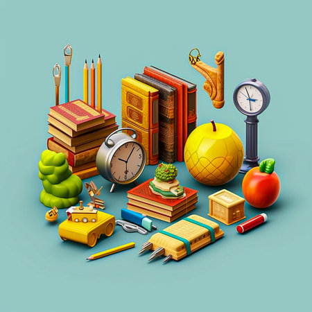 Back to school concept with books, pencils, clock, apple, compass, globe, compass and other supplies isolated vector illustrationの素材