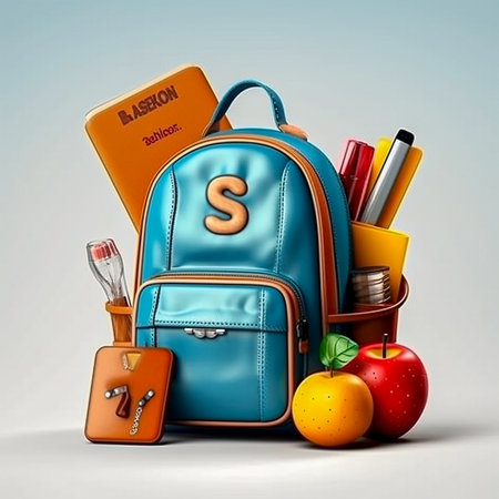 Back to school concept with backpack and stationery 3d render on gradient background with shadowの素材