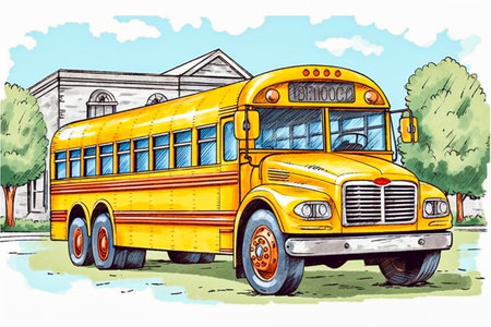a drawing of a yellow school bus with concept of back to schoolの素材
