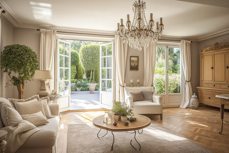 a living room with a chandelier and a table with a lamp on it, interior designの素材