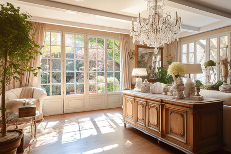 Interior of a living room in a luxury house, a large room with a chandelier and a chandelierの素材