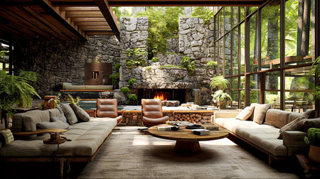Interior of modern living room with fireplace and stone wall. 3d renderの素材