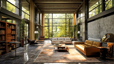 Interior of a modern living room with a large window overlooking the gardenの素材