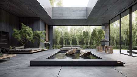 3d rendering of a modern living room with a swimming pool in a houseの素材