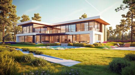 3d rendering of modern cozy house in chalet style with garage with beautiful landscaping on background.の素材