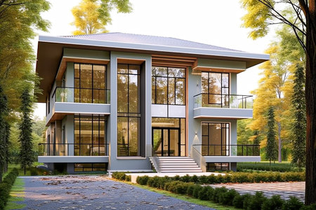 3d rendering of modern cozy house with garage and pool with beautiful landscaping.の素材
