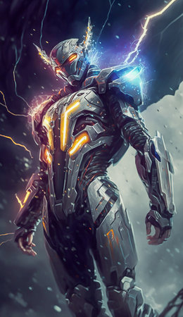 Futuristic cyborg with glowing lightning in the dark. 3D renderingの素材