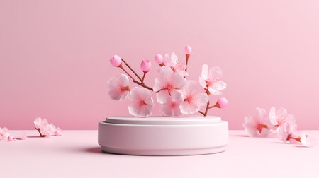 pink podium and cherry blossom on pink background, 3d renderingの素材