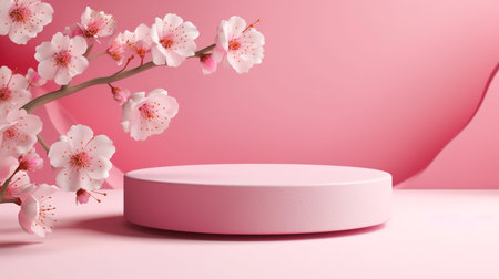 3d render of pink podium and cherry blossom for product displayの素材