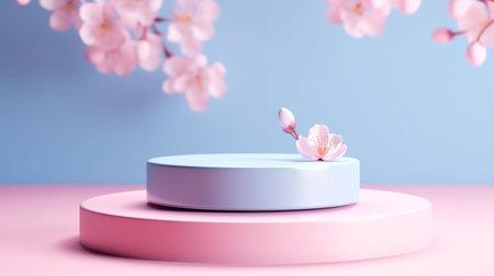 Cherry blossoms and podium on pastel blue background. 3D renderingの素材