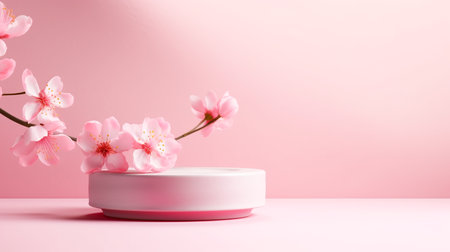 Cherry blossom and podium on pink background. 3d renderingの素材