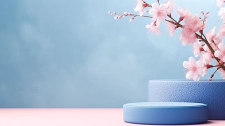 3d render of blue podium for product presentation with cherry blossom backgroundの素材