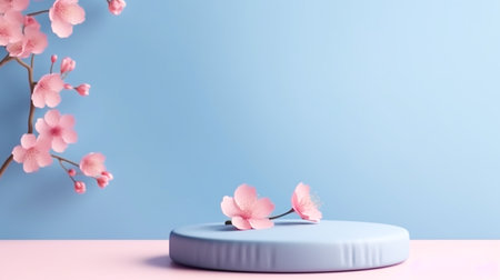 Cherry blossom and podium on blue background. 3d renderingの素材