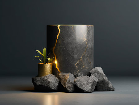 3d rendering of black marble pedestal with gold plant on grey backgroundの素材