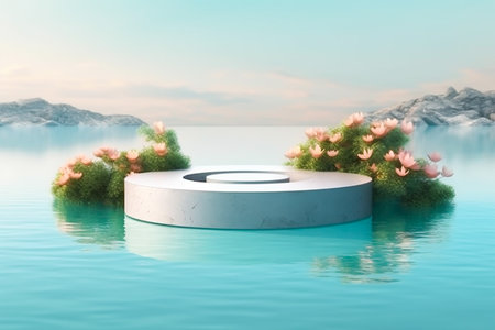 3d render of minimal scene with round podium and pink flowers in waterの素材