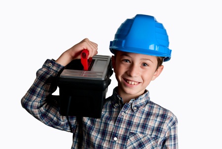 child with blue helmet and tools caseの写真素材