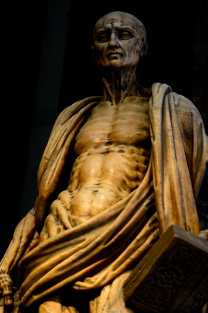 Duomo Milan St  Bartholomew the Apostle by Marco d Agrate, 1562  St  Barholomew is carrying his own skin on his shouldersのeditorial素材