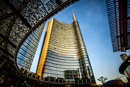 MILAN, ITALY - FEBRUARY 04,2016: Milan Porta Garibaldi district. The Unicredit Bank skyscraper and Piazza Gae Aulenti.