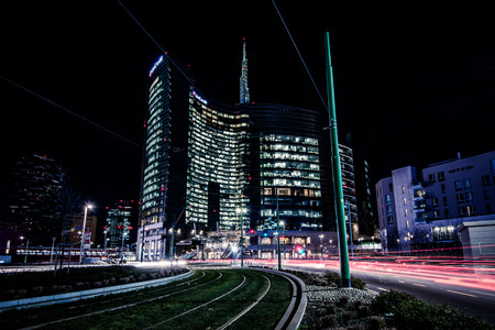MILAN, ITALY - FEBRUARY 04,2016: Milan Porta Garibaldi district. The Unicredit Bank skyscraper and Piazza Gae Aulenti.Night scenes.のeditorial素材