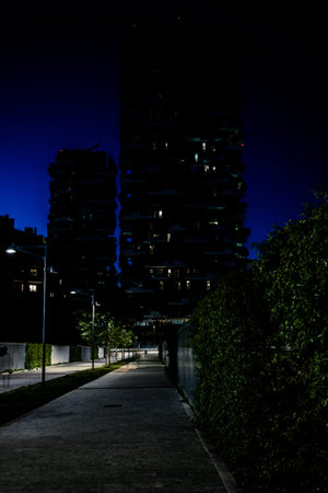 MILAN, ITALY - FEBRUARY 04,2016: Milan Porta Garibaldi district. Vertical Forest skyscrapers. Night scene.のeditorial素材
