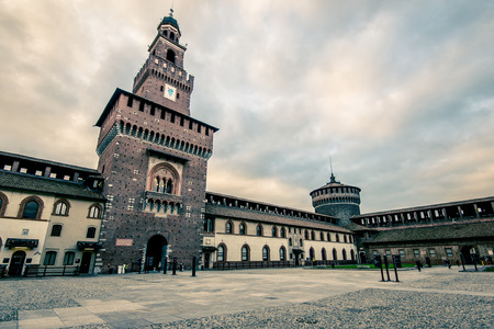 view of Sforza Castle Sempione Park Milan city at duskのeditorial素材