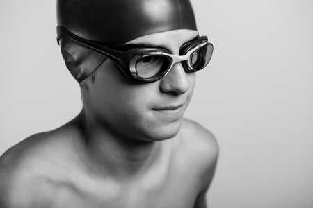 young swimmer - black and white photoの写真素材