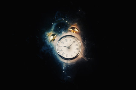 old clock on black background at midnight