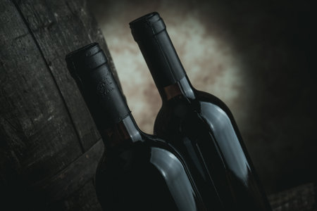 red wine bottles and barrel - desaturated style image