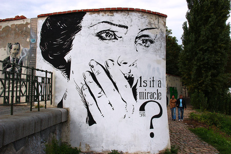 Murals along the river Moldova in Pragueのeditorial素材