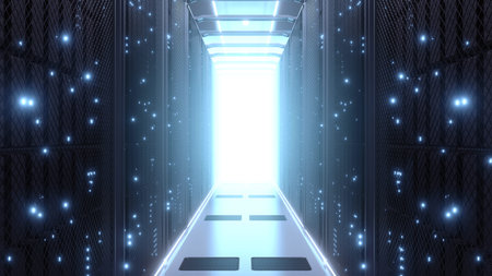 Digital information travels through fiber optic cables through the network and data servers behind...