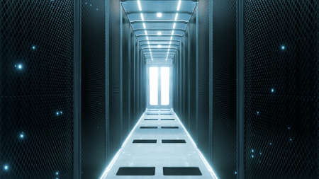 Digital information travels through fiber optic cables through the network and data servers behind grate panels in the server room corridor of the data center. High speed digital linesの写真素材