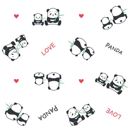Cute funny cartoon style panda bear parent and child family with bamboo vector pattern illustration.のイラスト素材