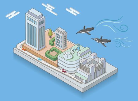 Sunshine City and flying penguins in Ikebukuro, Tokyo. Blue Background.Isometric Illustration.のイラスト素材