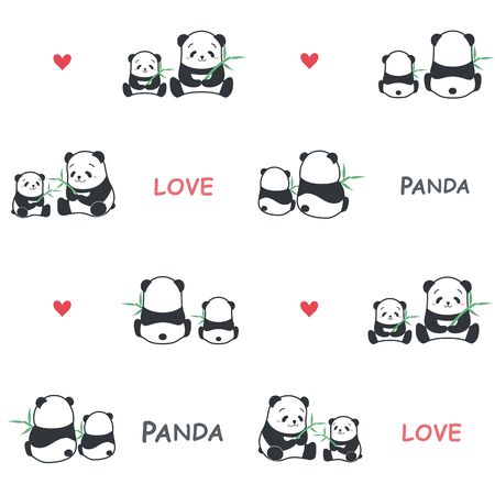 Cute funny cartoon style panda bear parent and child family with bamboo vector pattern illustration.のイラスト素材