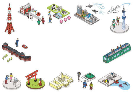 Isometric vector Illustration of TOKYO CITY JAPAN.Japanese train.Welcome to tokyo.のイラスト素材