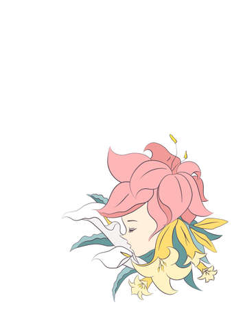 Flower girl with white background and copyspace. Pink flower fairy.のイラスト素材