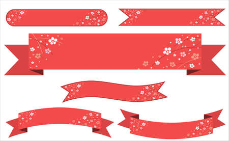Set of Japanese style red banners decorated with plum blossoms drawn on a white background.Japanese Ume.のイラスト素材