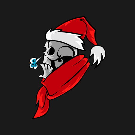 Cartoon skull in Santa hat Christmas illustration. T-shirt print ideaのイラスト素材