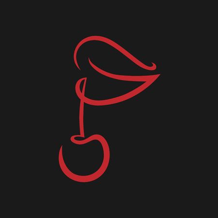 Lips with a cherry symbol, icon on black backgroundのイラスト素材