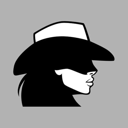 Cowgirl portrait in profile symbol on gray backdrop. Design elementのイラスト素材