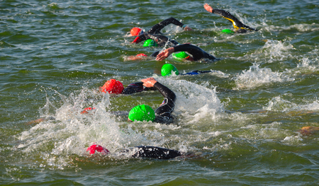 Competitors swimming in at the end of the swimming stage at the beginning of Triathlon.のeditorial素材