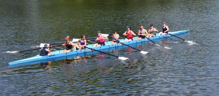 ST NEOTS, CAMBRIDGESHIRE, ENGLAND - JULY 07, 2018: Eights Rowing practise on the river Ouse.