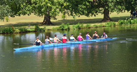 ST NEOTS, CAMBRIDGESHIRE, ENGLAND - JULY 07, 2018: Eights Rowing practise on the river Ouse.
