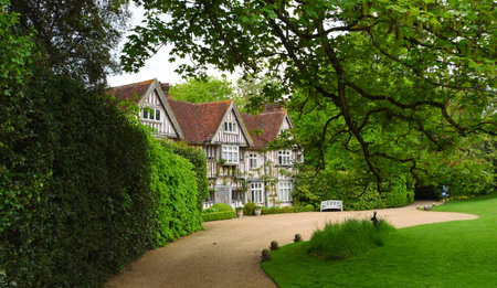 TICEHURST, EAST SUSSEX, ENGLAND - MAY 18, 2019: The Tudor Front and drive way of Pashley Manor East...