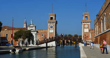 VENICE, ITALY - SEPTEMBER 22, 2017: Entrance to the Arsenale, guarded by 16th Century towersのeditorial素材