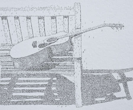 Ink Drawing of Acoustic Guitar on bench all drawn using tiny musical notes.の写真素材